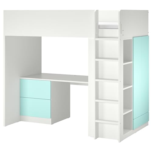ProTuning SMÅSTAD Hochbett 90x200 cm Weiß Blasstürkis/mit Schreibtisch mit 3 Schubladen von ProTuning