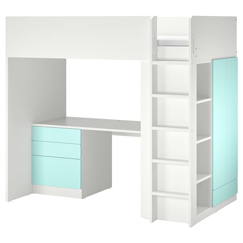 ProTuning SMÅSTAD Hochbett 90x200 cm Weiß Blasstürkis/mit Schreibtisch mit 4 Schubladen von ProTuning