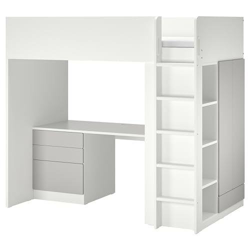 ProTuning SMÅSTAD Hochbett 90x200 cm Weißgrau/mit Schreibtisch mit 4 Schubladen von ProTuning