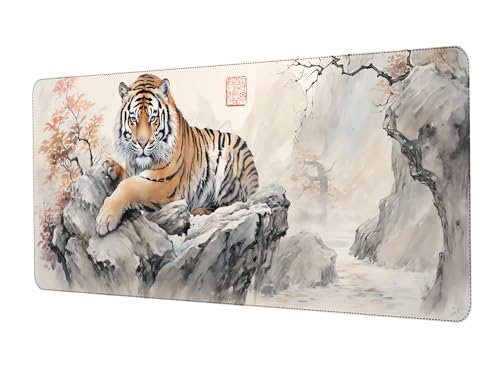 ProbTis Tiger Mauspad für Schreibtisch, großes japanisches Schreibtischunterlage, XL Anime-Gaming-Tastaturmatte, weißes Mauspad für Gaming, großer erweiterter Schreibtischschutz für Heimbüro, 80 x 30 von ProbTis