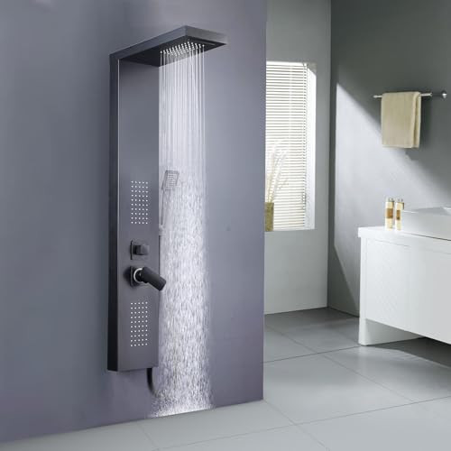 Probility Duschpaneel 4-Funktions-Regenfall-Edelstahl-Brauseset mit Handbrause, Regenfalldusche, 2 Massageduschen, Wasserfalldusche, Duschmischer komplett (Schwarz) von Probility