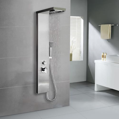 Probility Duschpaneel aus Edelstahl für den Eckeinbau 4 Funktionen mit Handbrause, Regenbrause, 2 Massageduschen, Wasserfallbrause, komplettes Duschzubehörset, Geeignet für Eckmontage von Probility
