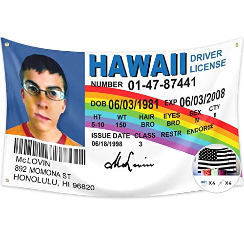 McLovin ID-Flagge, künstlicher Führerschein, 90 x 150 cm, Banner, lustiges Poster, UV-beständig, verblasst nicht und langlebig, Männerhöhle, Wandflagge mit Messingösen, für College, Partys, Geschenk von Probsin
