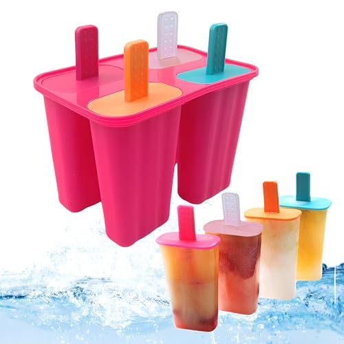 Eisformen Silikon, 4 Hohlraum Wiederverwendbar Eisformen Eis Am Stiel, DIY Ideen Eiscreme Formen, Hausgemachte Eis Am Stiel-Formen, mit Sticks und Tropfschutz, BPA Frei -Rosenrot(1 PACK) von Probuk