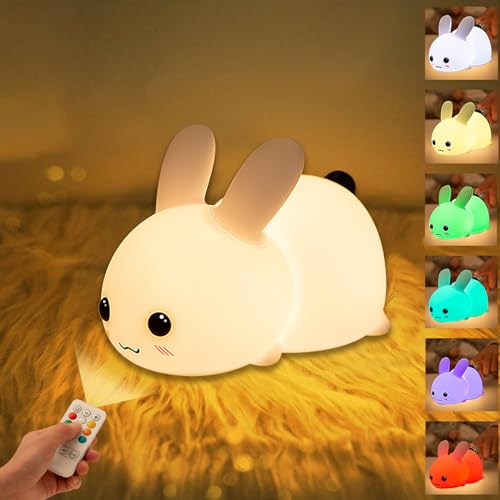 Probuk Bunny Silikon Nachtlicht Kinder,7 Lichtwechsel Touch Stilllicht mit Fernbedienung&Timing Funktion,USB-Aufladung Dimmbar Kawaii Hase Nachttischlampe für Schlafzimmer Deko/Kinder Geschenke von Probuk