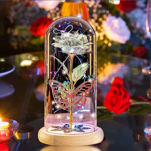 Probuk Valentinstag Ewige Rose,Bunte Rose in Einer Glaskuppel,Ewige Rose im Glas, Infinity Rosen Im Glas mit LED Licht,Rose Geschenk für Geburtstag, Valentinstag,Jubiläum,Hochzeit,Freundin Frau Frauen von Probuk