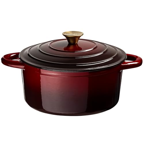 Prochef Runder Bräter aus emailliertem Gusseisen mit Deckel 21 cm – langlebiges ofen- und herdsicheres Kochgeschirr, leicht zu reinigen, ideal für Eintöpfe, Suppen, Curries & Beilagen, Granat von Prochef