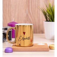 Personalisierte Goldene Tasse Mit Holzuntersetzer, Goldtasse Untersetzer, Kaffeetasse Und Untersetzer Geschenk Set von Procitygift