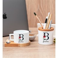 Personalisierte Tasse Mit Hölzerner Untertasse Und Stifthalter-Geschenk-Set, Benutzerdefinierte Teetasse Stift-Topf-Büro-Set, Büro-Geschenk-Set Namen von Procitygift