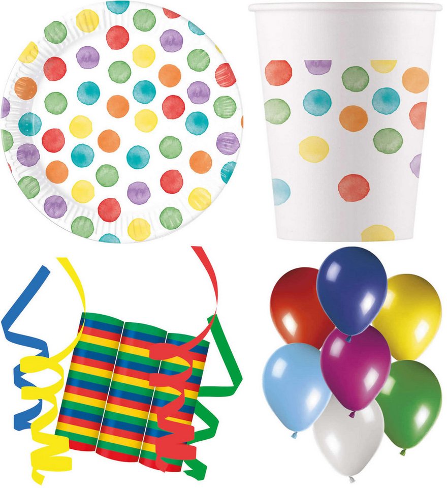 Procos Einweggeschirr-Set 120-tlg Set Kindergeburtstag Party Feier Deko Motto Dots Punkte bunt (120-tlg), 8 Personen von Procos