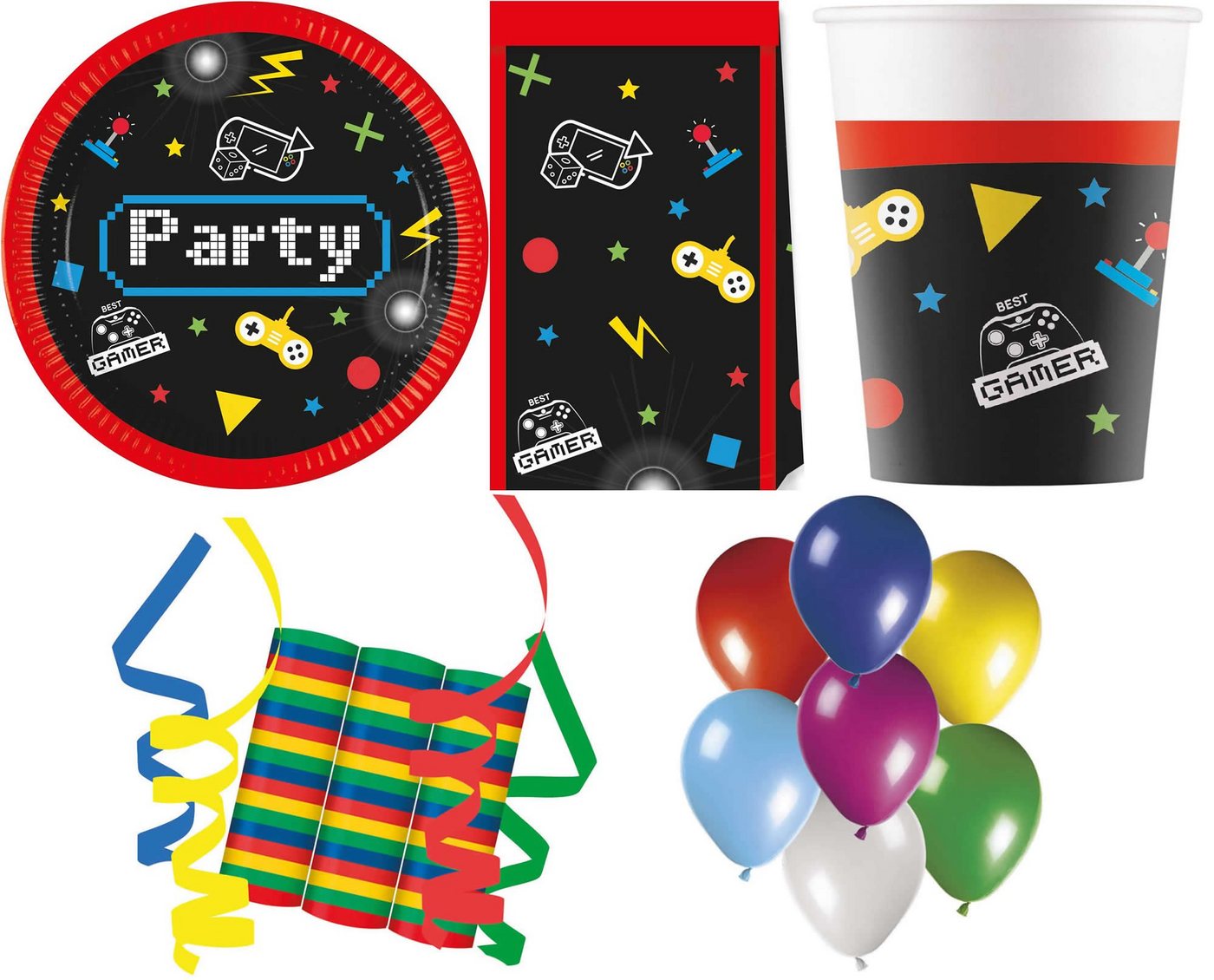 Procos Einweggeschirr-Set 128-tlg Set Kindergeburtstag Party Feier Deko Motto Gaming Party Gamer (128-tlg), 8 Personen, Pappe von Procos