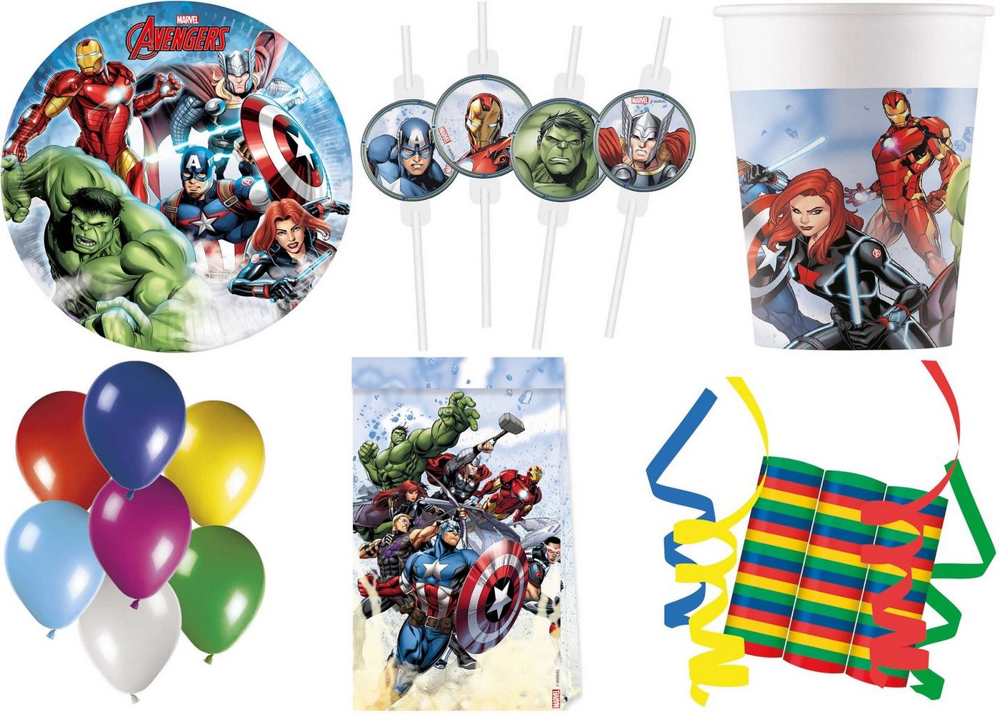 Procos Einweggeschirr-Set 136-tlg Set Kindergeburtstag Party Feier Deko Motto Avengers Infinity (136-tlg), 8 Personen, Pappe von Procos