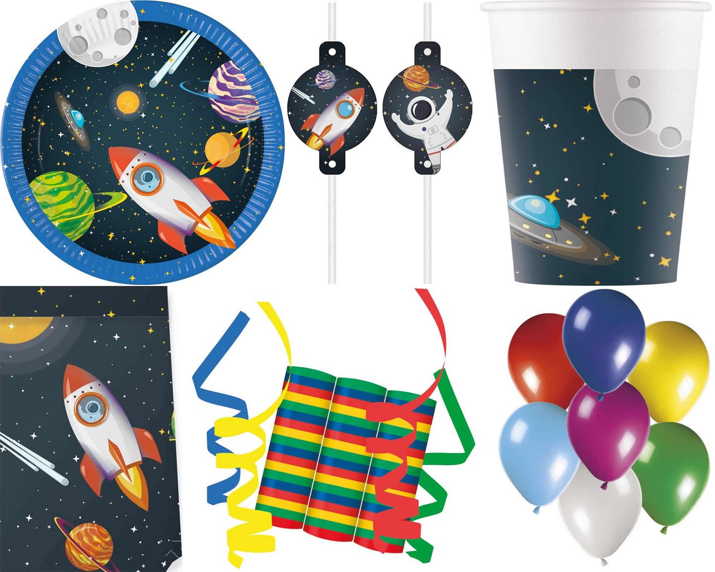 Procos Einweggeschirr-Set 136-tlg Set Kindergeburtstag Party Feier Deko Motto Rakete Weltraum (136-tlg), 8 Personen, Pappe von Procos