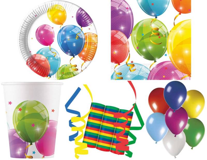 Procos Einweggeschirr-Set 140-tlg Set Kindergeburtstag Party Fete Deko Motto Luftballon glänzend (140-tlg), 8 Personen von Procos