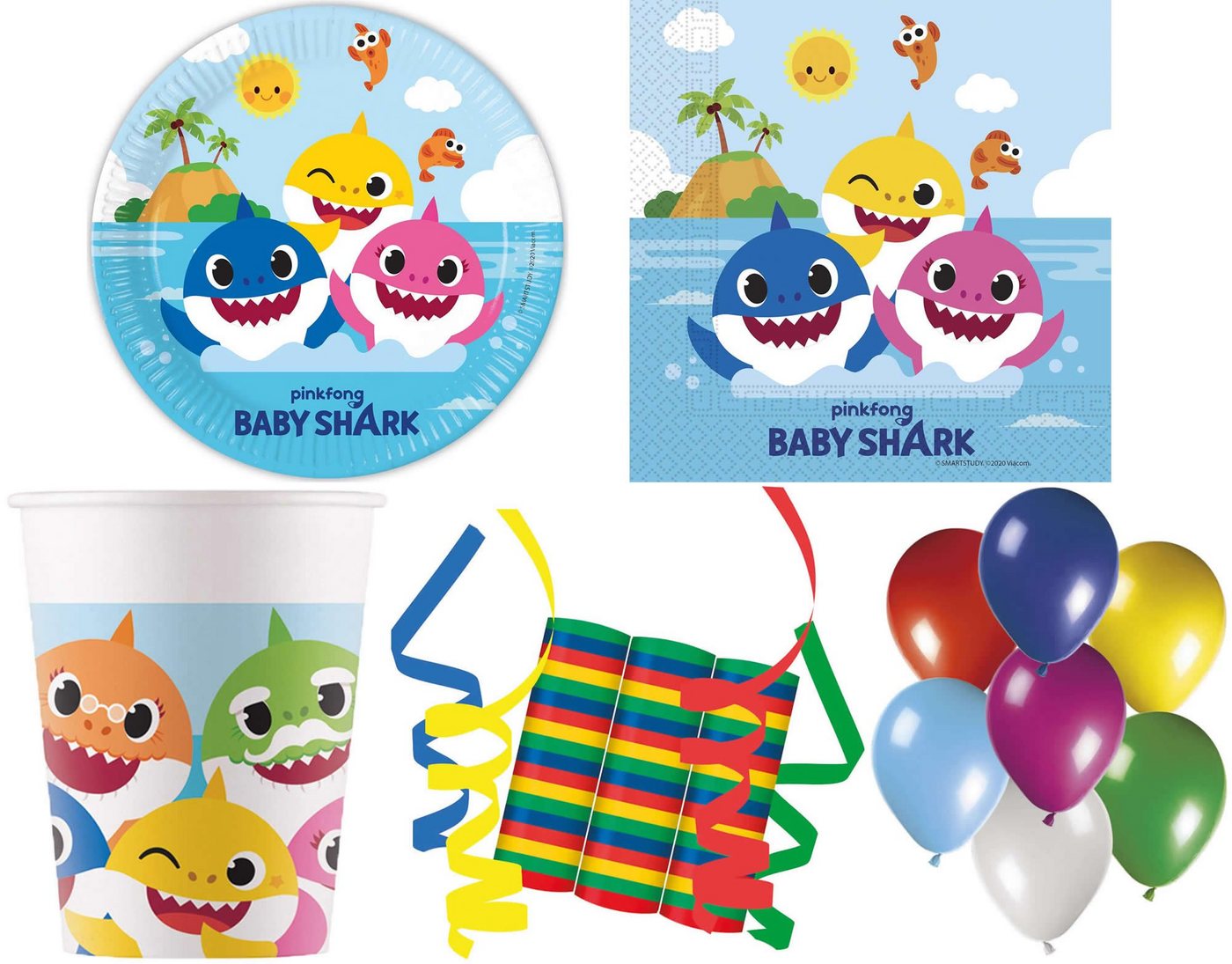 Procos Einweggeschirr-Set 140-tlg. Set Kindergeburtstag Party Feier Fete Deko Motto Baby Shark (140-tlg), 8 Personen, Pappe von Procos