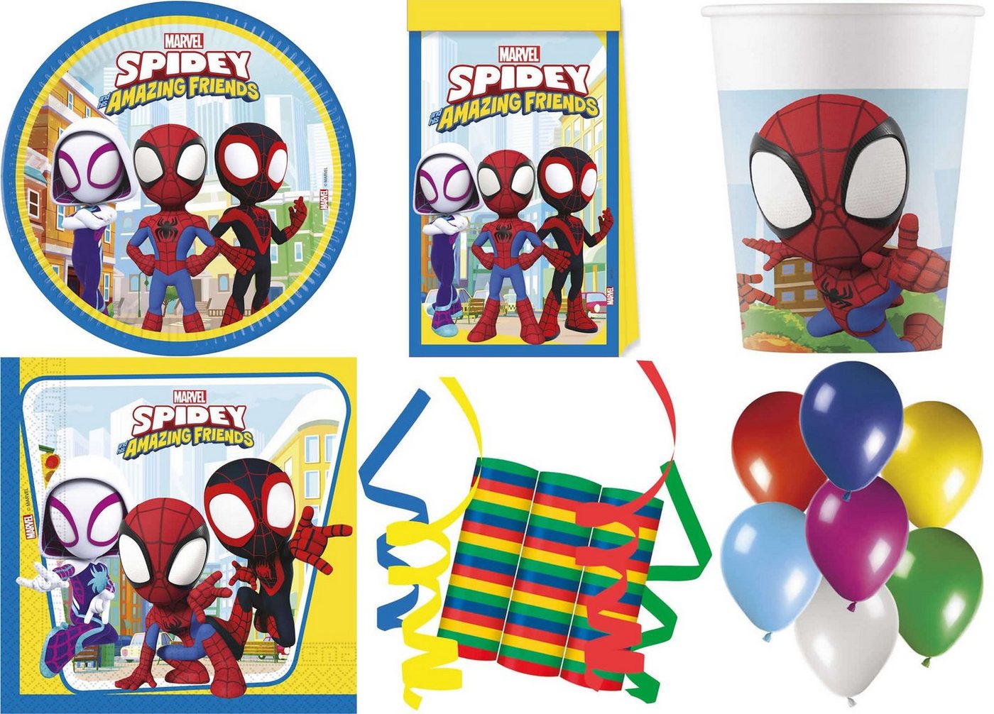 Procos Einweggeschirr-Set 148-tlg Set Kindergeburtstag Party Deko Motto Spidey & Amazing Friends (148-tlg), 8 Personen von Procos