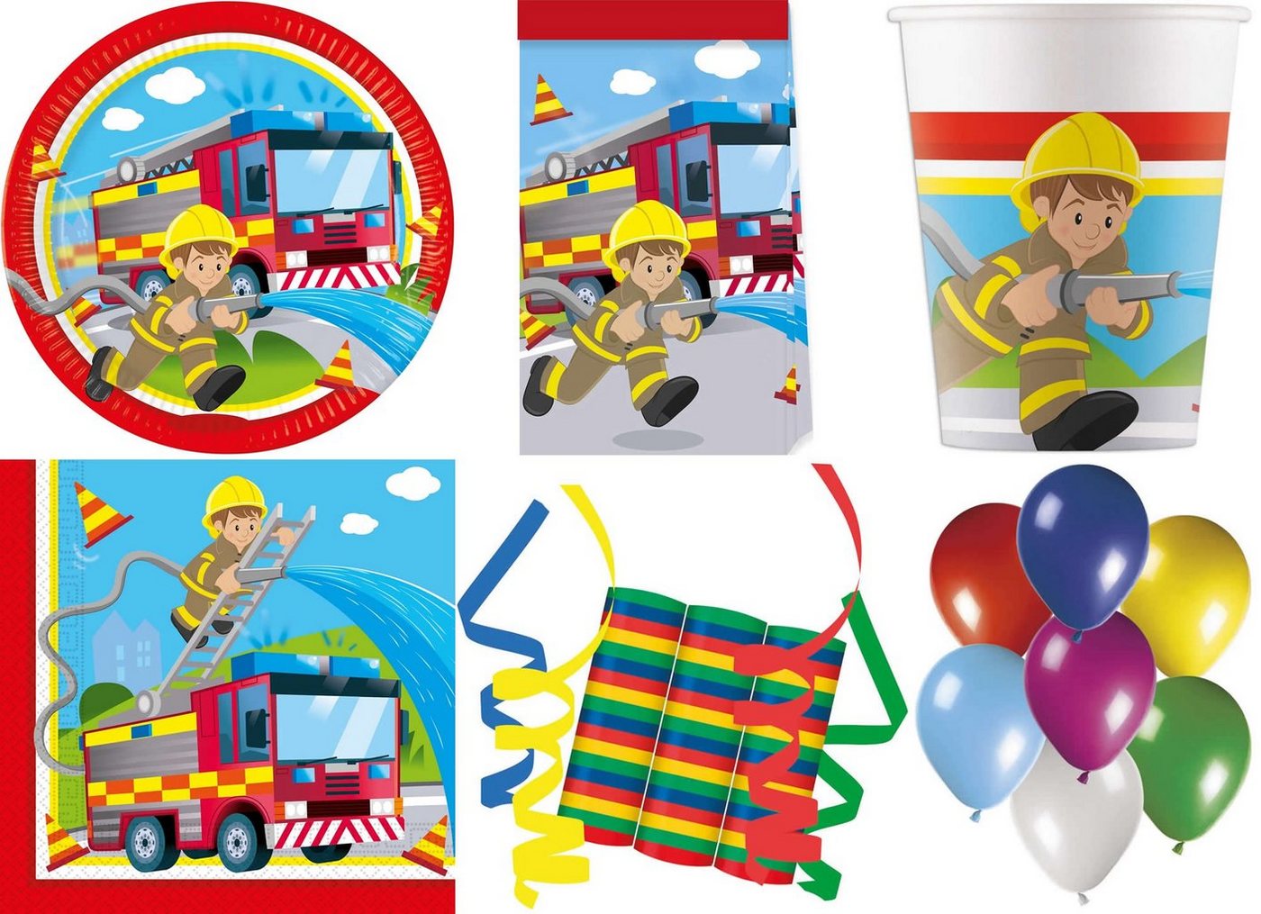 Procos Einweggeschirr-Set 148-tlg Set Kindergeburtstag Party Feier Fete Deko Motto Feuerwehr (148-tlg), 8 Personen, Pappe von Procos
