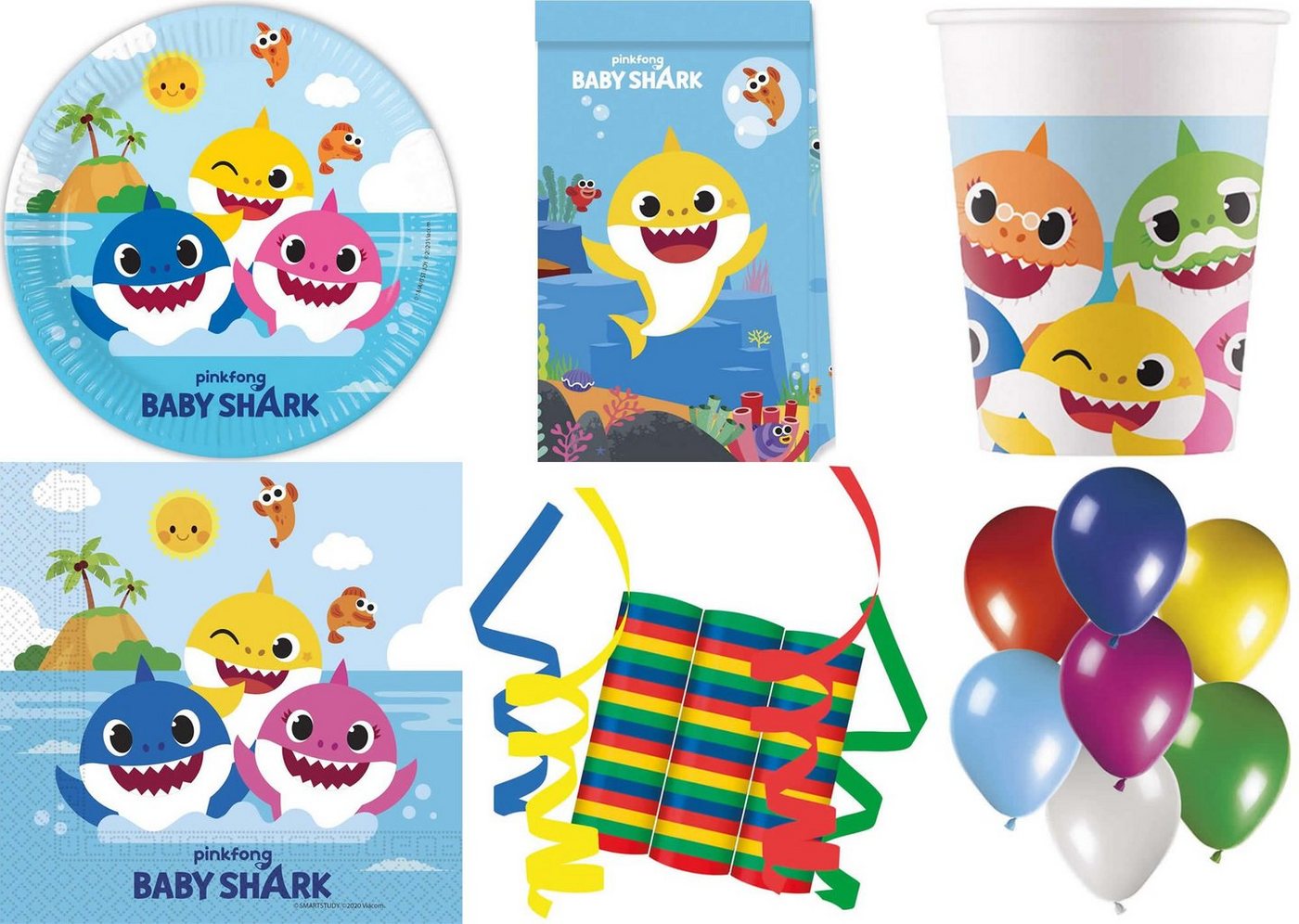 Procos Einweggeschirr-Set 148-tlg. Set Kindergeburtstag Party Feier Fete Deko Motto Baby Shark (148-tlg), 8 Personen, Pappe von Procos