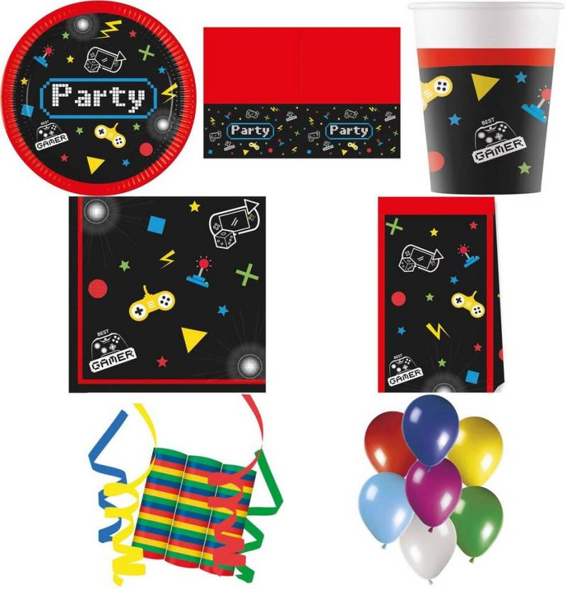 Procos Einweggeschirr-Set 149-tlg Set Kindergeburtstag Party Feier Deko Motto Gaming Party Gamer (149-tlg), 8 Personen, Pappe von Procos