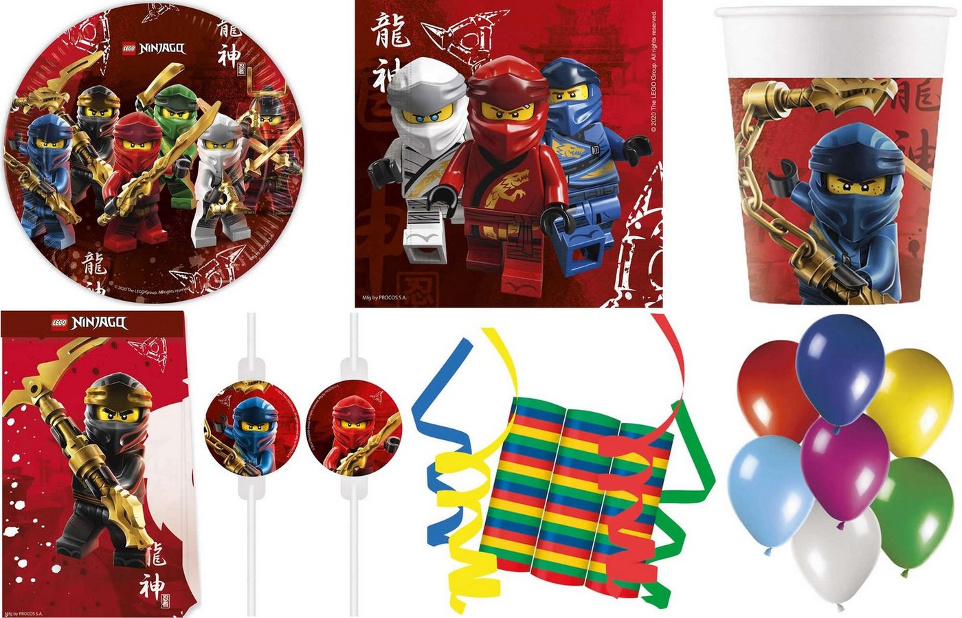 Procos Einweggeschirr-Set 156-tlg Set Kindergeburtstag Party Feier Fete Deko Motto Lego Ninjago (156-tlg), 8 Personen, Pappe von Procos