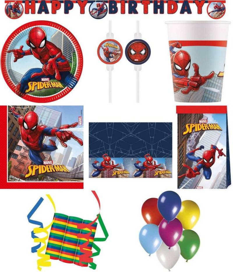 Procos Einweggeschirr-Set 158-tlg Set Kindergeburtstag Party Deko Motto Spiderman Crime Fighter (158-tlg), 8 Personen, Pappe von Procos