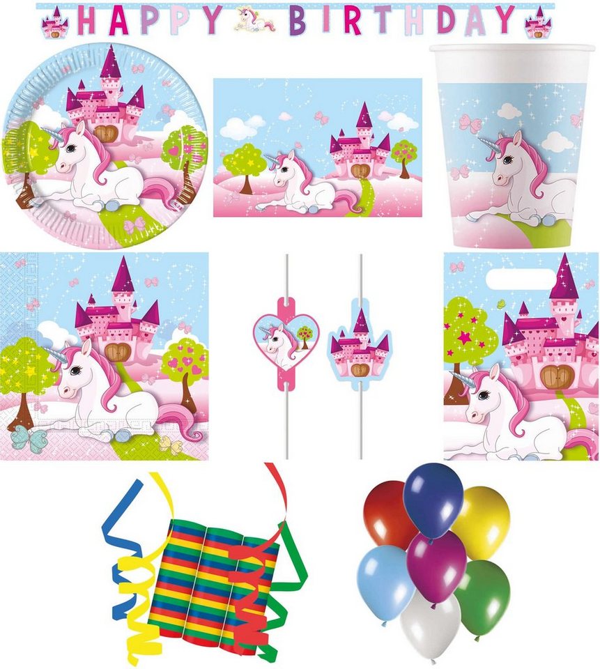 Procos Einweggeschirr-Set 162-tlg. Set Kindergeburtstag Party Feier Deko Motto Unicorn Einhorn (162-tlg), 8 Personen, Pappe von Procos