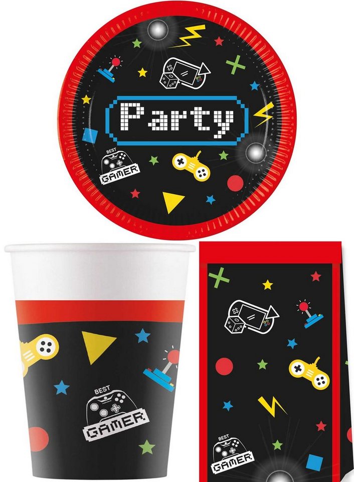 Procos Einweggeschirr-Set 24-tlg Set Kindergeburtstag Party Feier Deko Motto Gaming Party Gamer (24-tlg), 8 Personen, Pappe von Procos
