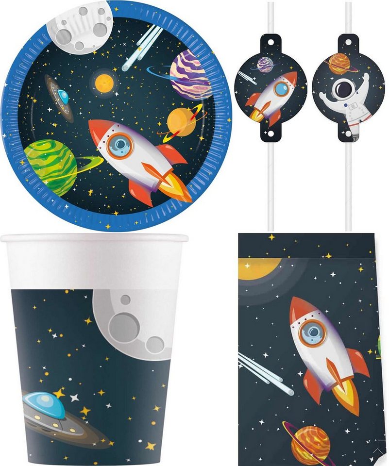 Procos Einweggeschirr-Set 32-tlg Set Kindergeburtstag Party Feier Deko Motto Rakete Weltraum (32-tlg), 8 Personen von Procos