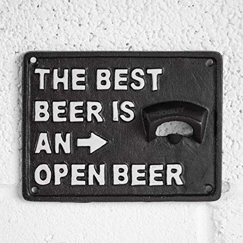 Prodbuy Flaschenöffner aus Gusseisen, zur Wandmontage, Motiv: The Best Beer Is An Open Beer von Prodbuy