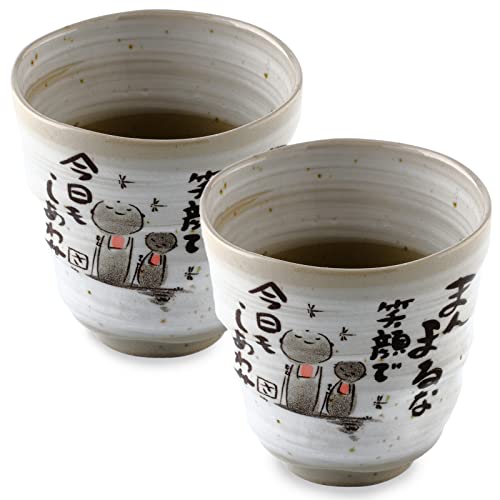 Authentische Mino Yaki (Ware) handgefertigte japanische Teetassen Yunomi Teetasse Tasse, japanisches Gedicht Jizo Statue Design Grau, 18 ml. oz 2er Set, Keramik, Teeparty-Set, grüner Tee, Matcha-Tee von Product of Gifu Japan