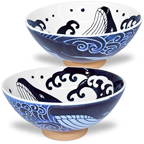 Mino Ware Japanese Rice Bowl, Rice Ramen Noodle Soup Sarada Pasta, Wave Whale Chawn, 5.7 inch 17.5oz Set of 2 von Product of Gifu Japan