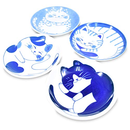 Mino Ware Japanese Mini Side Condiment Plate, Sushi Soy Sauce Fruit Cake, NEKOCHIGURA Cat Design, 3.9 inch, 4 Pattern Set von Product of Gifu Japan