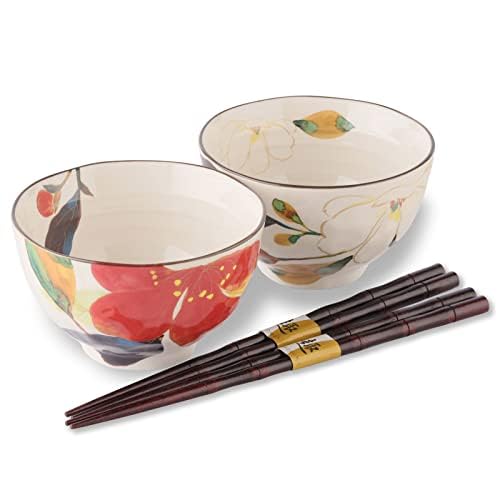 Mino Ware Japanische Reisschüsseln mit Essstäbchen 2er Set, 200 ml, Moderne Küchenschüssel für Dessert, Müsli, Salat, Suppe, Udon, Nudeln - Made in Japan von Product of Gifu Japan
