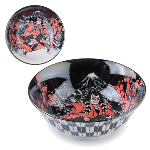 Product of Gifu Japan Mino Ware Japanese Wide Mouth Ceramic Bowl, Udon Ramen Noodle Soup Bowl, Kabuki Design, Black von Product of Gifu Japan