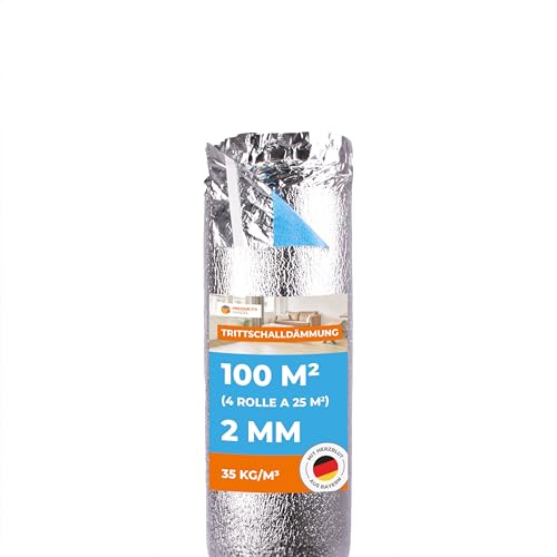 Trittschalldämmung 2mm mit Dampfsperre 100 m² Premium Silver Plus - 4 Rollen - sehr gute Schalldämmung und Wärmedämmung - Fußbodenheizung geeignet für Laminat und Parkett, Raumgewicht 35 kg/m³ von Produktiv Handel