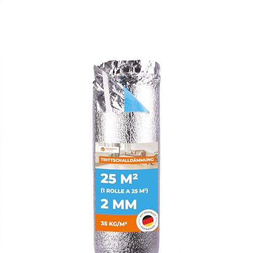 Trittschalldämmung 2mm mit Dampfsperre 25 m² Premium Silver Plus - 1 Rolle - sehr gute Schalldämmung und Wärmedämmung - Fußbodenheizung geeignet für Laminat und Parkett, Raumgewicht 35 kg/m³ von Produktiv Handel