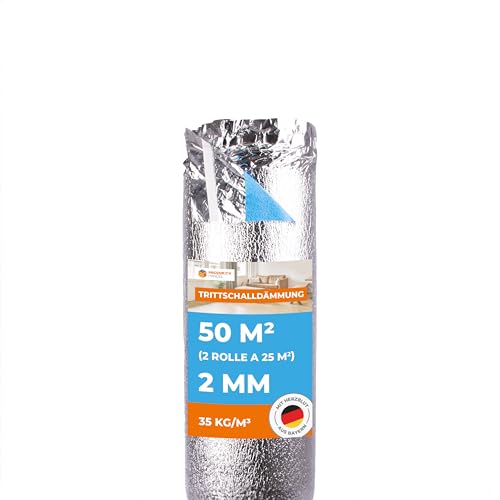 Trittschalldämmung 2mm mit Dampfsperre 50 m² Premium Silver Plus - 2 Rollen - sehr gute Schalldämmung und Wärmedämmung - Fußbodenheizung geeignet für Laminat und Parkett, Raumgewicht 35 kg/m³ von Produktiv Handel