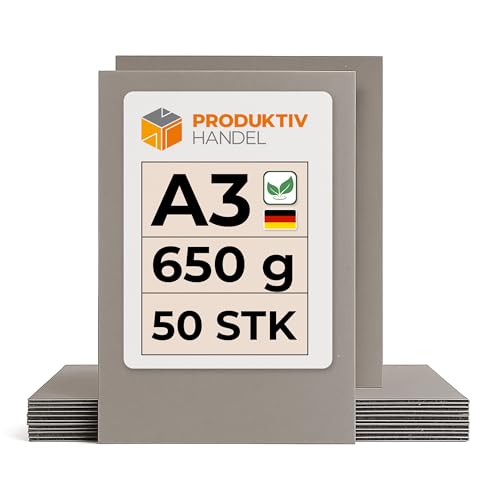 Graukarton A3-650 g/m² | 50 Bögen | Bastelkarton für Kinder & Erwachsene | Graupappe recycelt & stabil | Buchbinderpappe von Produktiv Handel von Produktiv Handel