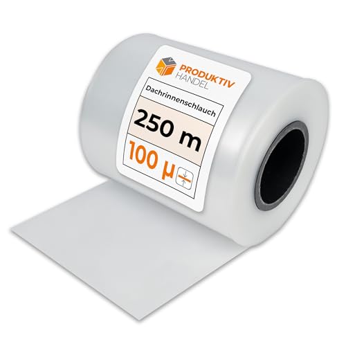 Produktiv Handel Dachrinnenschlauch 250 m | transparent 20 cm breit (gelegt) | 100 µ LDPE | UV- & wetterbeständig | für Fallrohre bis DN 125 | Montage mit Kabelbindern - ohne Bohren von Produktiv Handel