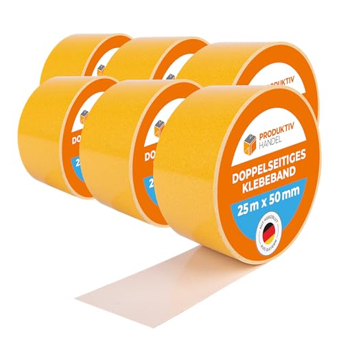 Produktiv Handel Doppelseitiges Klebeband 6 Rollen | starkes Teppich Klebeband je 25m x 50mm | zum Verlegen von Teppich & PVC-Belag | doppelseitig klebendes Verlegeband von Produktiv Handel