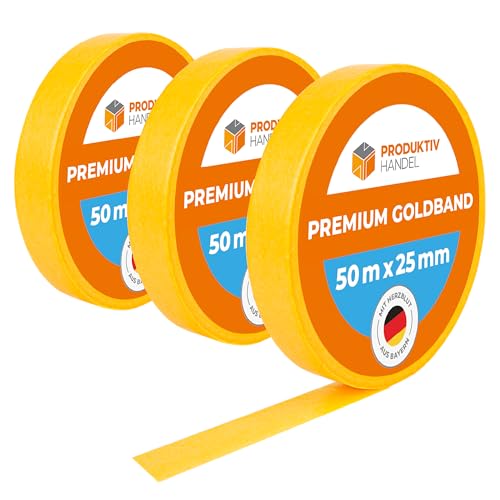 Produktiv Handel Premium Goldband 3 Rollen a 50m x 25mm | Abklebeband für Malerarbeiten | Malerkrepp UV beständig | Malerband für scharfe Farbkanten & perfekte Ergebnisse von Produktiv Handel