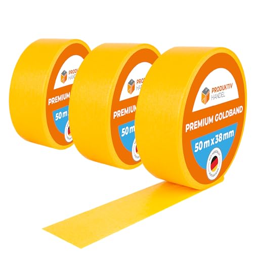 Produktiv Handel Premium Goldband 3 Rollen a 50m x 38mm | Abklebeband für Malerarbeiten | Malerkrepp UV beständig | Malerband für scharfe Farbkanten & perfekte Ergebnisse von Produktiv Handel