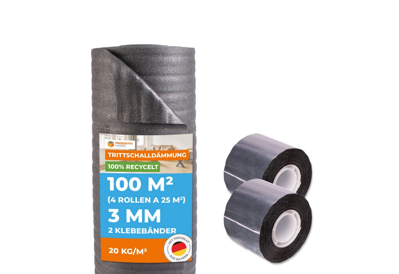 Produktiv Handel Trittschalldämmfolie Trittschalldämmung Profi Basic 3 mm recycelt, 3 mm Stärke, für Laminat und Parkett, (100 m², 4 Rollen á 25 m), für Fußbodenheizung geeignet, inkl. 2x Alu-PP-Klebeband von Produktiv Handel