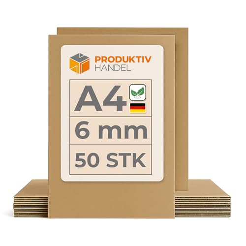 Produktiv Handel Wellpappe zum basteln A4 | 21 x 29,7 cm | 50 Stück | Zweiwellig 2.02 B/C-Welle | Stabiler Bastelkarton braun für Kinder, Eltern & DIY | Kreatives Bastelmaterial von Produktiv Handel
