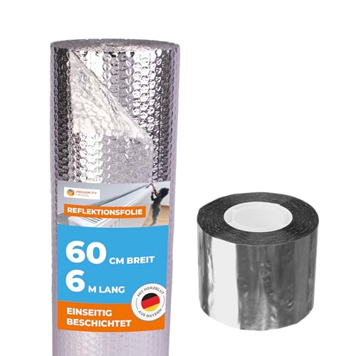 Reflektionsfolie Heizkörper - 6 m x 60 cm Isolierfolie - einseitig beschichtet mit 1 Rolle Aluminium Klebeband - Thermofolie Winterschutz Alu Dämmfolie von Produktiv Handel