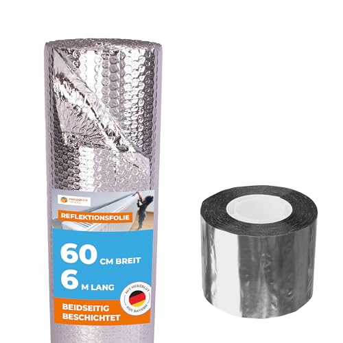 Reflexionsfolie Heizkörper - 6 m x 60 cm Isolierfolie - beidseitig beschichtet mit 1 Rolle Aluminium Klebeband - Thermofolie Winterschutz Alu Dämmfolie von Produktiv Handel