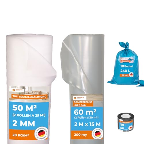 Spar-Set Trittschalldämmung 2mm 50m² | Dampfbremsfolie 60m² | Dampfbremse-Klebeband 50m | XXL Müllsäcke 10 Stück - Perfektes Heimwerkerpaket für Laminat & Parkett von Produktiv Handel