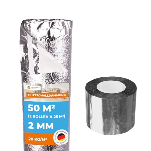 Trittschalldämmung PREMIUM SILVER 50 m² 2 Rollen + 1 Rolle Aluminium Klebeband | mit Dampfsperre, Schall- und Wärmedämmung für Parkett und Laminat Fußbodenheizung von Produktiv Handel