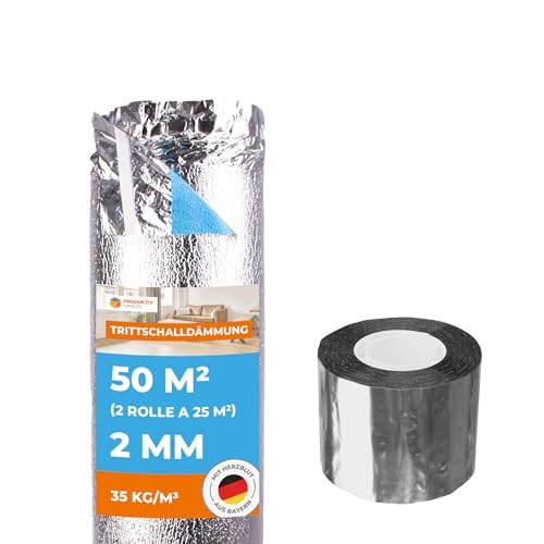 Trittschalldämmung mit Dampfsperre 50 m² Premium Silver Plus 2mm stark | 2 Rollen + 1 Rolle Alu PP Klebeband | sehr gute Wärmedämmung | Fußbodenheizung geeignet für Laminat und Parkett von Produktiv Handel