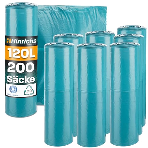 Hinrichs Müllsäcke 120L extra Stark - 8x 25er Rolle - 70x110 cm - Extrem reißfeste Müllbeutel - Mülltüten aus Recycling LDPE - Blaue Säcke - Abfallsäcke für Garten, Haushalt & Baustelle von Hinrichs